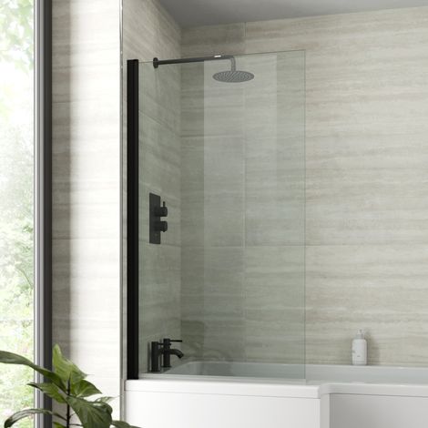 Aquari Bath Shower Screen Door Hinged 800mm Frameless Black Clear Safety Glass Panel (1/5)