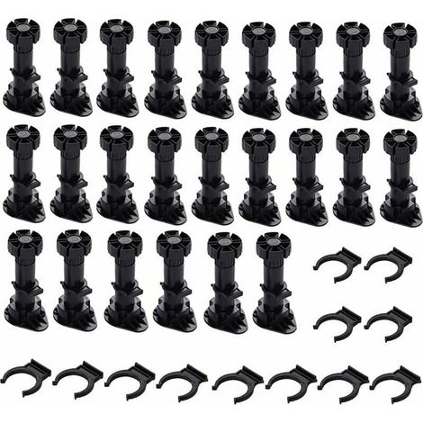 24 Pièces Pieds D'Armoire Plastique, Pied de Meuble, Pied Réglable pour Meuble, Noir Pieds de Meuble Plastique avec Clip Fixation Base pour Meubles de Cuisine, Armoire et Canapé (60mm-8mm)