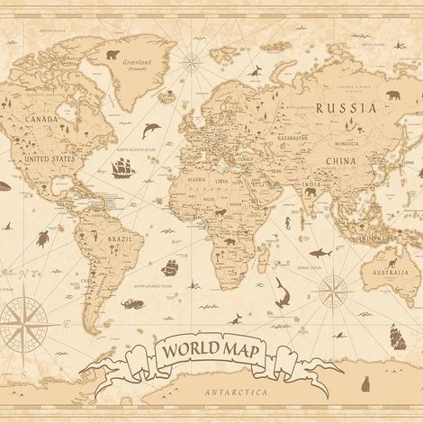 papier peint panoramique carte du monde pour enfants beige - Sanders & Sanders (1/5)