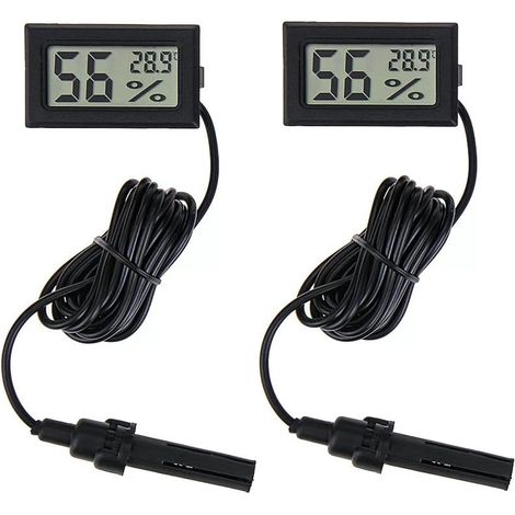 Thermomètre Hygromètre Numérique Mini avec Sonde 1,5m, 2 Pack  Capteur Précision pour Intérieur, Extérieur, Serre, Incubateur, Aquarium, Terrarium, Cave, Bureau, Chambre, Cuisine, Reptile