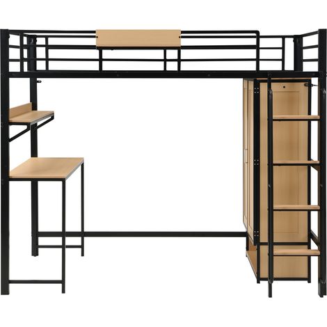 Lit mezzanine en fer avec armoire, bureau et étagère, 90x200 cm, noir naturel (1/5)