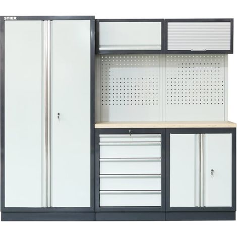 Equipement d'atelier STIER Basic 3 pièces avec panneau perforé et plan de travail en bois multiplis lxPxH 2 275x460x2 000 mm