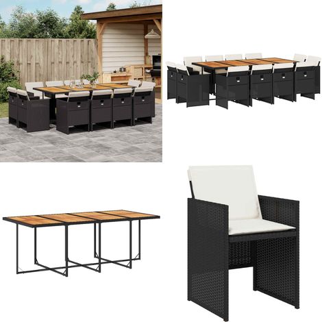 Set comedor de jardín con cojines 13 pzas ratán sintético negro - Sillas de jardín - Cojines para sillas