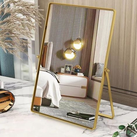 Miroir de courtoisie rectangulaire doré avec Cadre en métal - Miroir de Table vanité Portable à 90° - Miroir de Maquillage Haute résolution d'un côté pour Commode, Salon, Chambre à Coucher, (1/5)