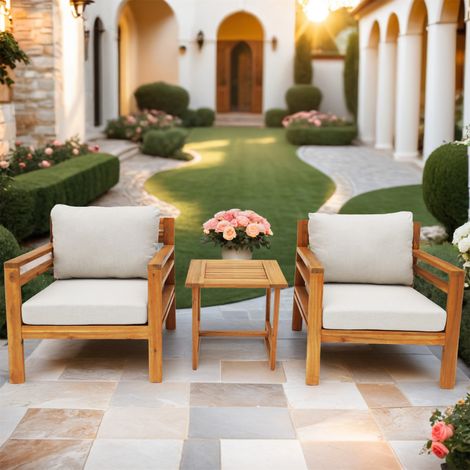Abrihome 3-Piece Acacia Wood Garden Set – 2 Armchairs and Side Table, with Olefin Cushions, Teak Finish