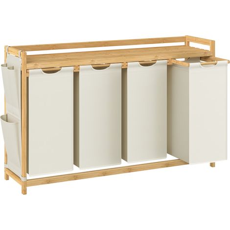 Songmics – Panier à linge en bambou 200L – 4 compartiments de tri – Étagères et poches latérales – Dimensions 124,6 x 33 x 78 cm – Blanc crème (1/5)