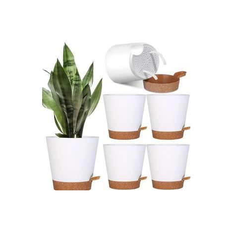 Set mit 5 selbstbewässernden Töpfen für Zimmer- und Gartenpflanzen – Weißer Topf + brauner Untersetzer