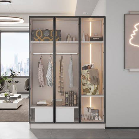 Armario blanco 110 x 50 x 160 cm, 3 puertas de vidrio, cajón, barra y LED DESVIAE (1/5)