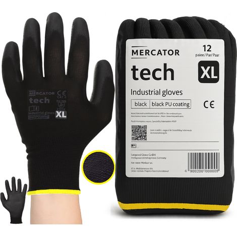 MERCATOR Tech Schwarze PU-Arbeitshandschuhe - XL - 12 Paar