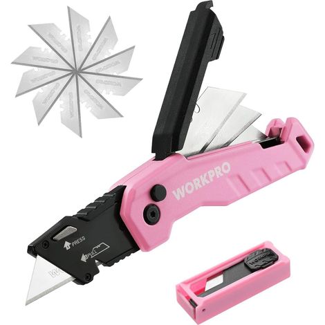 WORKPRO Teppichmesser Aluminium Faltbar Cuttermesser Gürtelclip 13 Klingen Rosa (1/5)
