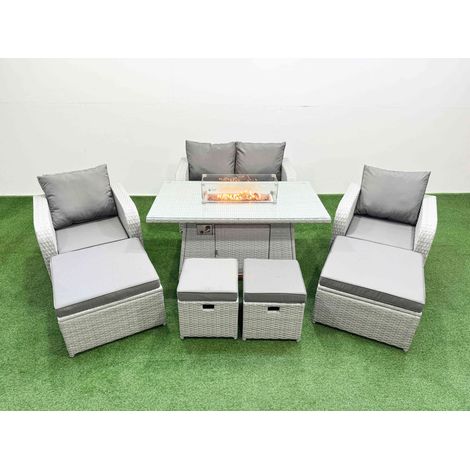 Fimous PE Rattan Lounge Sofa Set 8 Seater Outdoor Garden Furniture Set with Gas Firepit Table Love Sofa 2 Big Footstools 2 Small Footstools Light Grey (1/4)