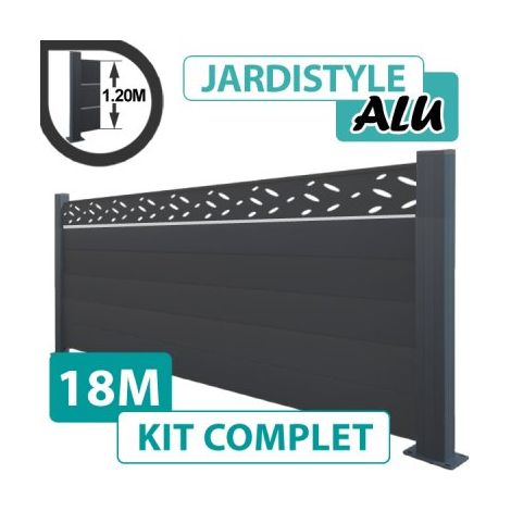 Kit Clôture Aluminium Gris Anthracite 18M - Design avec liseré - Sur Platines - 1,20 mètre