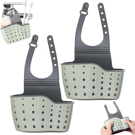 Lot de 2 paniers d'égouttage : panier d'égouttage suspendu, organiseur d'évier, porte-éponge, support de rangement pour robinet, panier suspendu avec système de fixation, vert, compatible avec les évi (1/5)