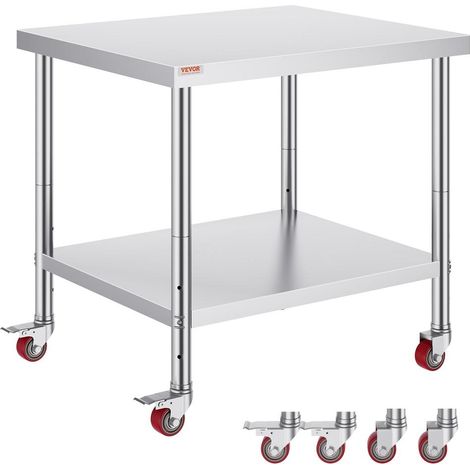 Table de travail inox sur roulettes, étagère inférieure réglable, 91 x 76 x 86 cm, pour cuisine professionnelle (1/5)