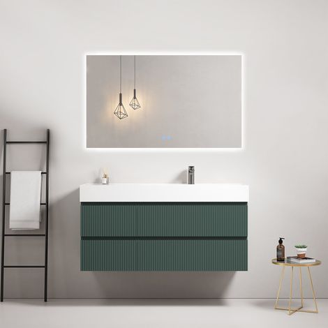 Mobile bagno sospeso cannettato 120 cm Verde Comodoro Lavabo a Destra in Resina Specchio Quadro Retroilluminato - Fiji Paint (1/4)