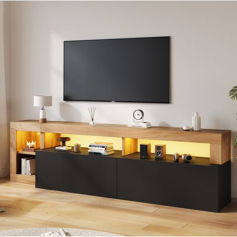 Mobile porta TV con illuminazione a LED e 4 vani portaoggetti, per soggiorno, in truciolato nero e struttura in legno, 184x42x58 cm (1/5)