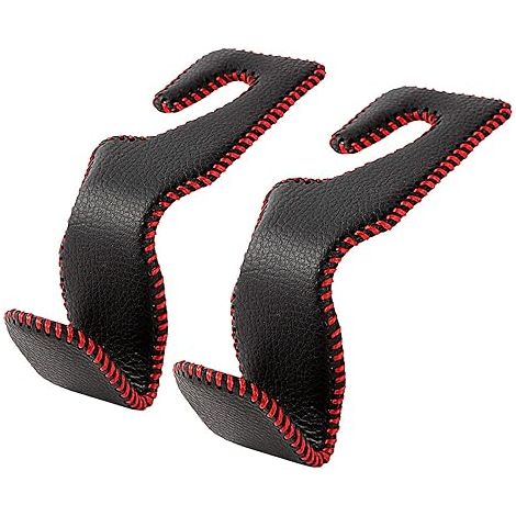 Crochet d'appui-tête de voiture, crochet de rangement en cuir pour siège arrière de véhicule, idéal pour ranger sac à main, sac de courses et plus encore, noir et rouge, lot de 2 (1/3)