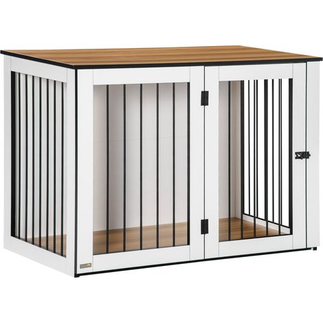 Cage pour chien en bois et acier avec portes verrouillables, 106x60x76 cm, finition noyer foncé et blanc (1/5)