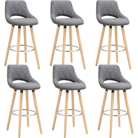 WOLTU Set di 6 sgabelli da bar, in lino e legno massello con schienale e poggiapiedi, 43x43x91cm, grigio scuro