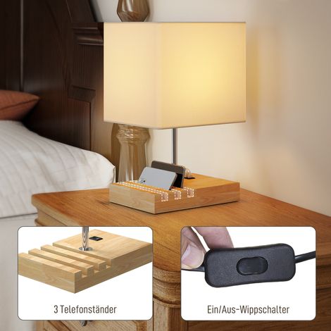 Lampe de chevet, ports USB, bois, tissu, interrupteur à bascule, compartiments de rangement, blanc (1/5)