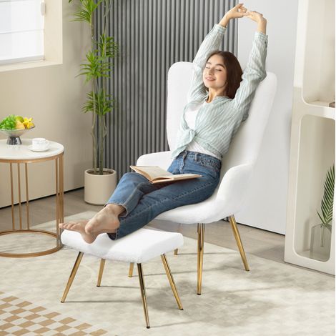 Poltrona relax con poggiapiedi in poliestere bianco, gambe in acciaio, 73 x 68 x 111 cm (1/5)