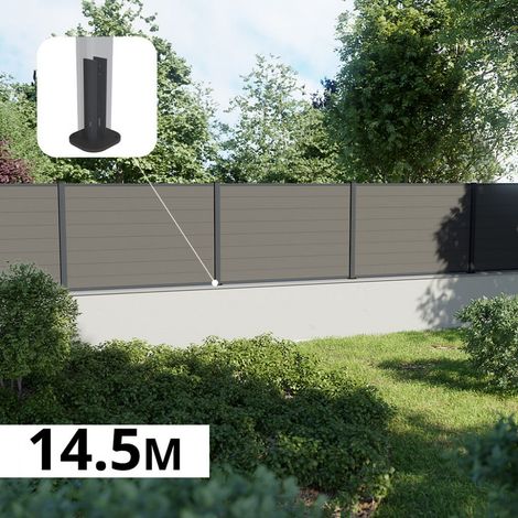 Kit Clôture Composite sur Muret RIO Platine 14,5x1,2m - Bois composite & Aluminium - Poteaux sur Platines Gris - Brise vue