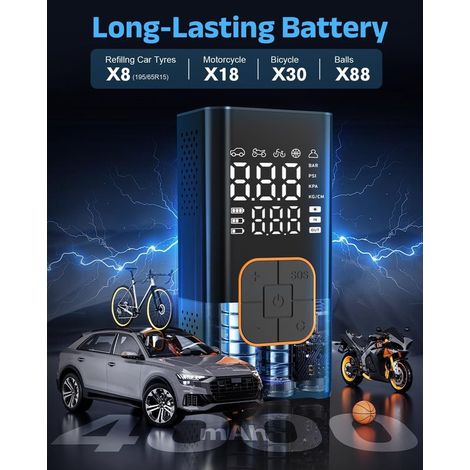 Gonfleur Pneus Voiture sans Fil, Compresseur à Air Portatif avec Manomètre Numérique (150 PSI), Double Affichage, Batterie Rechargeable, Lampe LED, Pompe a Velo pour Voiture, Moto, Vélo, Ballon