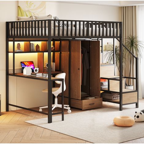Hochbett Metall/MDF Schwarz 140x200 cm mit Schreibtisch, Kleiderschrank, Regalen, LED und Ladeanschlüssen (1/5)