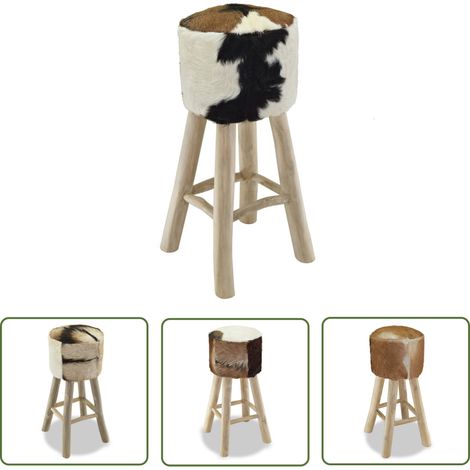 The Living Store Tabouret de bar Cuir véritable et bois de teck solide - Tabouret De Bar - Chaise De Bar - Fauteuil De Bar - Mobilier Rustique - Cuir Véritable (1/5)
