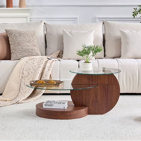 Table basse ronde 70/50 cm transparente en MDF et verre avec étagères multicouches (1/5)