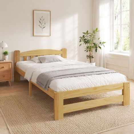 Cama individual 90/200 cm de pino macizo natural con cabecero y somier de láminas (1/5)