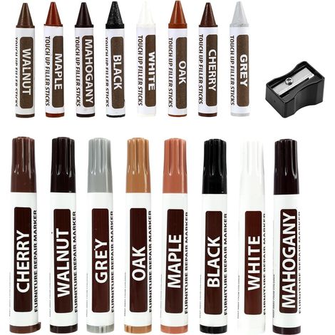 17 pcs Feutre Retouche Bois Stylo de Retouche pour Meuble Kit Parquet Kit Reparation Parquet Kit Reparation Parquet Stratifié, incluant marqueurs et bâtons de cire en 8 couleurs, outil d’affûtage (1/5)