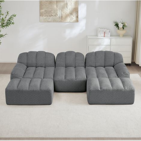 Divano angolare modulare a U 3 posti con 2 pouf, tessuto grigio DESVIAE (1/5)