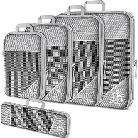 5 cubes d'emballage de compression, ensemble de sacs de rangement de voyage extensibles pour le rangement de voyage et à domicile (1/5)