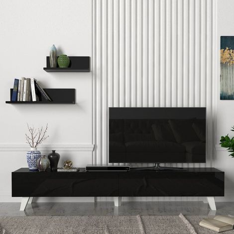 Set di Mobile TV e 2 Mensole da Muro Armadietto Porta TV 180 cm con 2 Ante a Ribalta e Mensole a Forma di L Lunghezze Diverse - Nero [en.casa] (1/5)