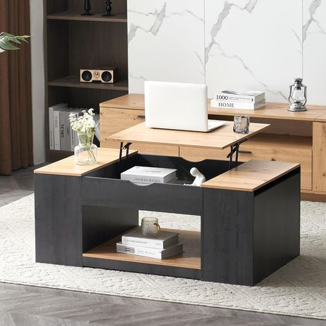 Tables basses - Table basse pliante à 3 compartiments et rangement ouvert - MDF 109,5 x 59,7 x 43 (57,4) cm - Gris + Marron (1/5)