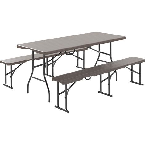 Outsunny conjunto de camping plegable de 3 piezas mesa plegable camping con bancos incluye 1 mesa 180x74x74 cm y 2 bancos efecto madera impermeable (1/5)