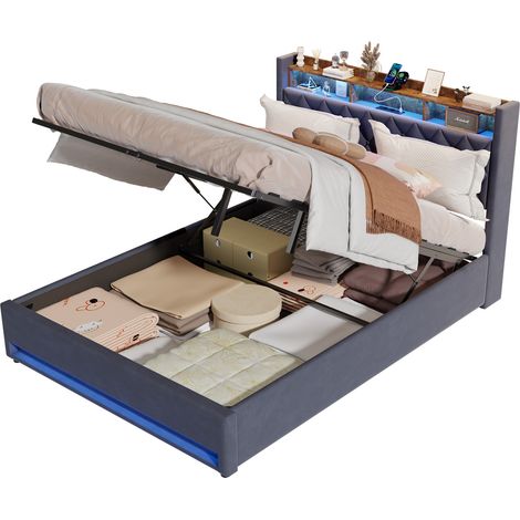 Bett 160x200 cm Gepolstert Multifunktional mit USB und LED, Breite Lattenroststruktur, Stauraum unter dem Bett, Grauer Samt - Modernes Design