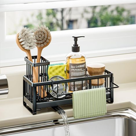 Porte-éponge pour évier de cuisine - Égouttoir autonettoyant avec porte-brosse et porte-torchon, organisateur de plan de travail en acier inoxydable - Noir (1/5)