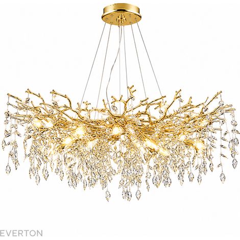 Grand Lustre Artistique en Cristal K9 120 cm, Suspension Dorée Style Branches et Feuilles de Cristal, Luminaire de Luxe XXL à Hauteur Réglable 120 cm, Métal Électroplaqué, Douille E14 pour Salon, Sall
