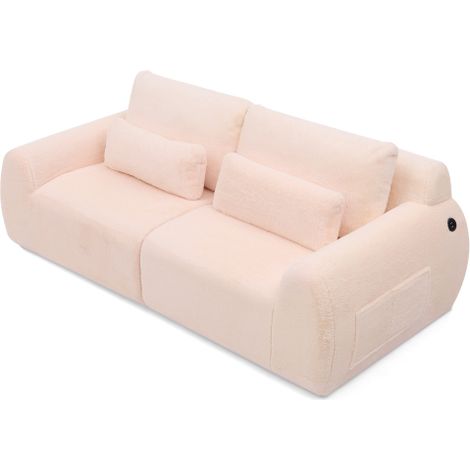 2 Sitzer Sofa Rosa, Plüschsofa mit USB-Ladeanschluss und Seitentasche, Loveseat Sofa aus Kunstfell für kleine Räume, Wohnzimmer, Schlafzimmer