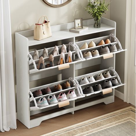 Scarpiera in MDF bianco con 4 ante a ribalta, frontale 3D e piano superiore, 105 x 24 x 90 cm (1/5)