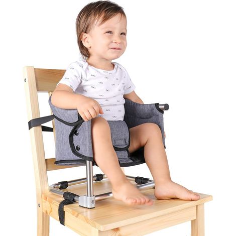 Rehausseur de Chaise Bébé, Siège d'Appoint pour Enfant de 6-36 Mois, Chaise Haute Portable Pliante avec Harnais de Sécurité,3 Hauteurs, Chaise Repas Bébé avec Sac de Voyage (Gris) (1/5)