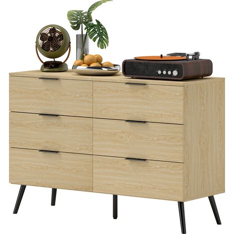 Commode 6 tiroirs moderne pour chambre, design anti-basculement, 110x40x75 cm, aspect bois