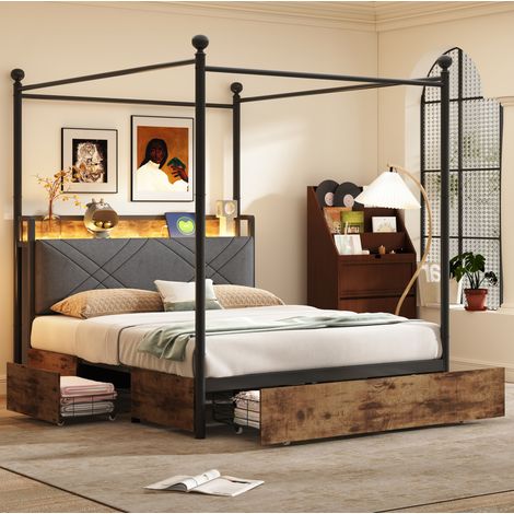 Lit 140x190 avec tiroirs, LED et USB metal noir OKMYHOME (1/5)
