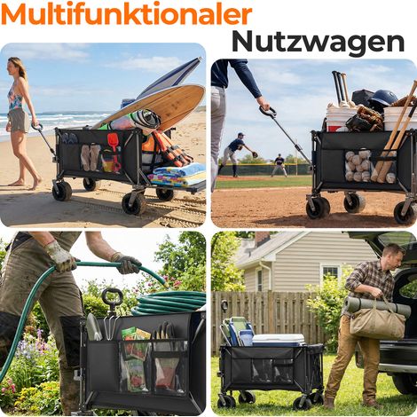Bollerwagen pliable 140x58x110 cm en acier noir, extensible, gain de place pour jardin FLORAGRACE (1/5)