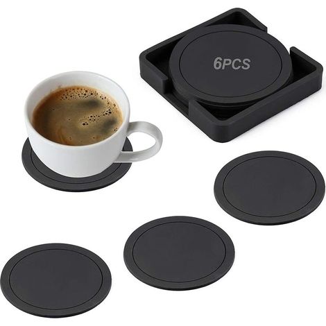 sous-Verres en Verre Dessous de Table en Verre 6 sous-Verre en Silicone Noir sous-Verre en Verre pour Boissons, Tasses, Bar, sous-Verre en Verre (1/5)