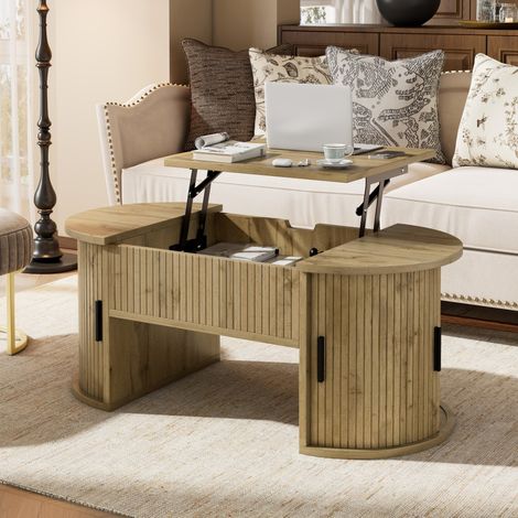 Mesa de centro elevable - 100 x 50 x 40,5 cm - Tablero ajustable y espacio de almacenamiento - Diseño ovalado - Roble claro y negro (1/5)