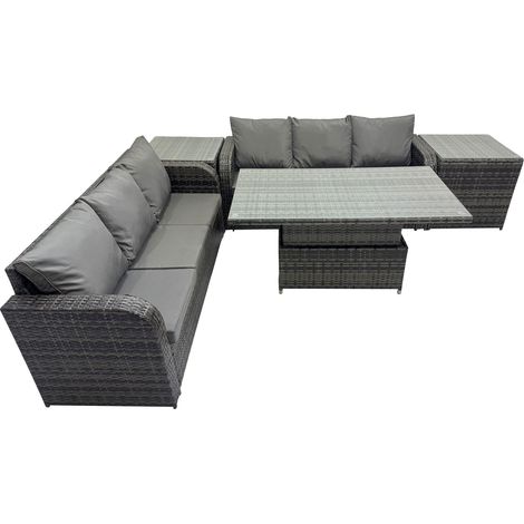 Fimous Rattan Garden Furniture Dining Set 6-seater Patio Height Adjustable Rising Lifting Table Sofa Set with 2 Side Table Dark Grey Mixed (1/5)