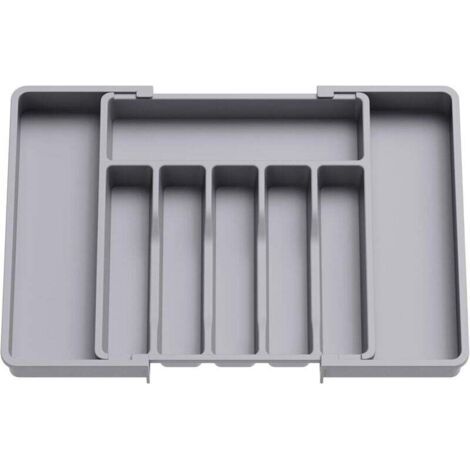 Range Couverts, Plateau d'Ustensiles Extensible pour Tiroir, Organisateur de Tiroir Réglable pour la Cuisine, Rangement Compact en Plastique pour contenir des Cuillères, Fourchettes, Gris (1/4)